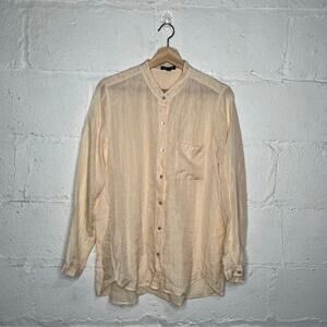 Eileen Fisher Women's Silk Cotton Alabaster Mandarin Collar Button Blouse Medium